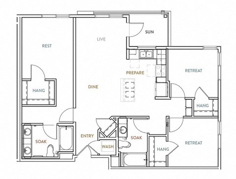 Floor plan for 3 beds, 2 baths, 1267 sqft